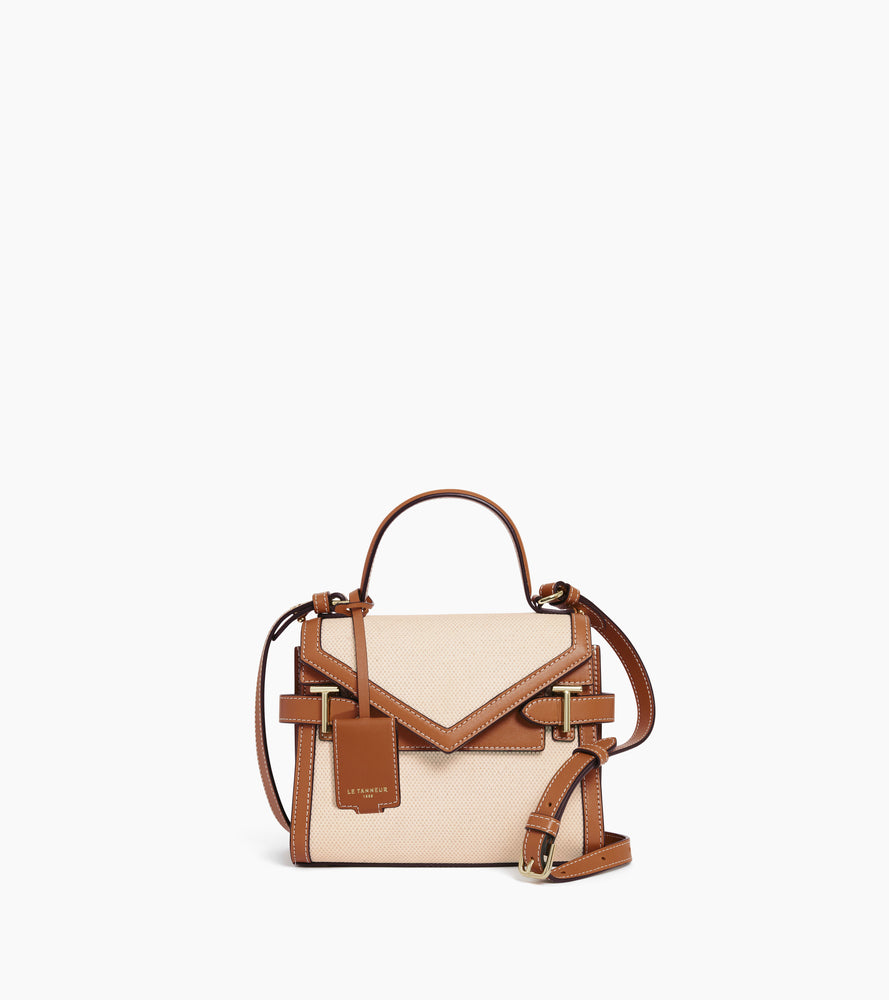 Bolso de mano pequeño Emilie con doble solapa de lona de algodón y cuero liso
