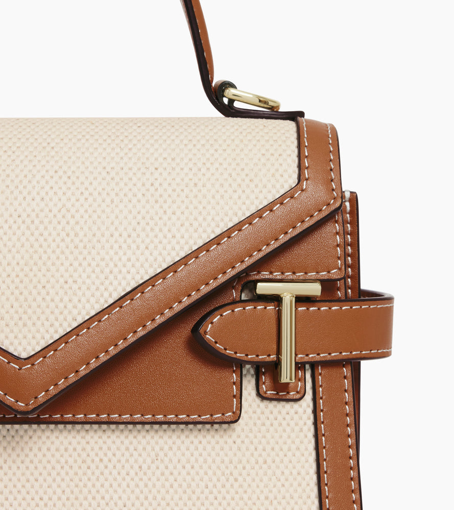 Bolso de mano pequeño Emilie con doble solapa de lona de algodón y cuero liso