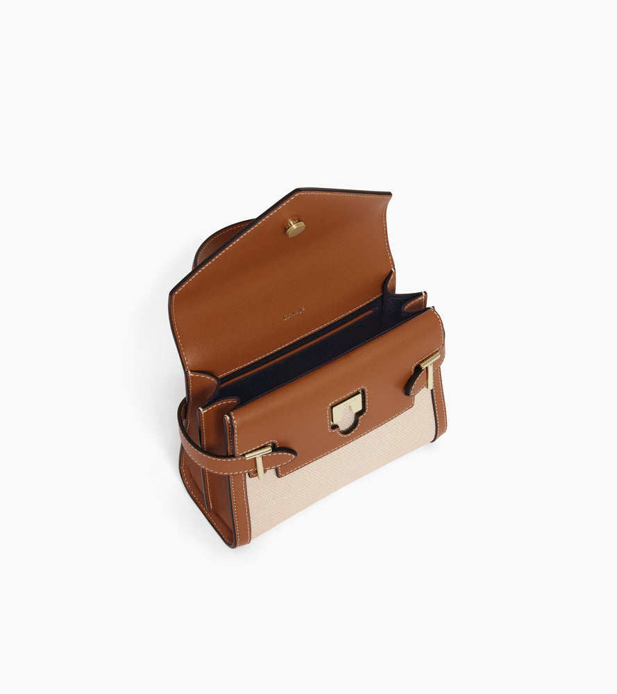 Bolso de mano pequeño Emilie con doble solapa de lona de algodón y cuero liso