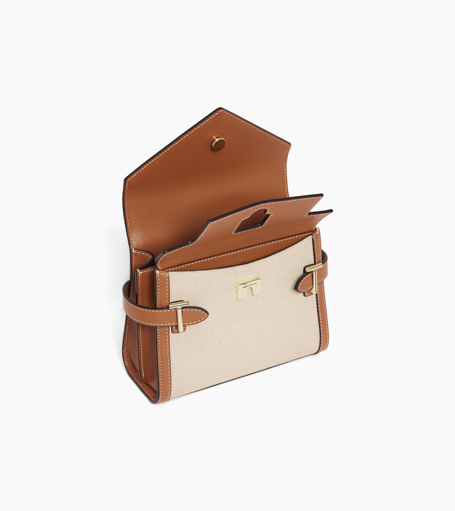 Bolso de mano pequeño Emilie con doble solapa de lona de algodón y cuero liso