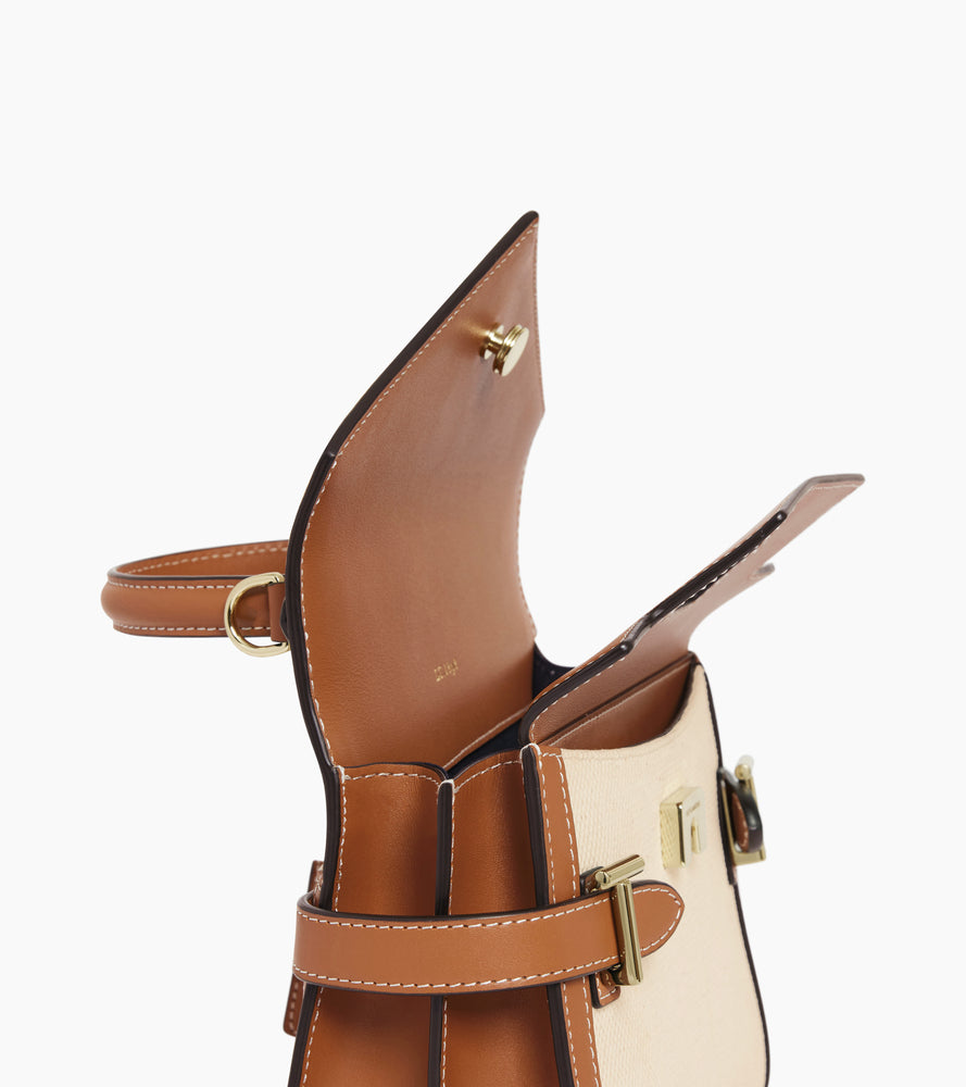 Bolso de mano pequeño Emilie con doble solapa de lona de algodón y cuero liso