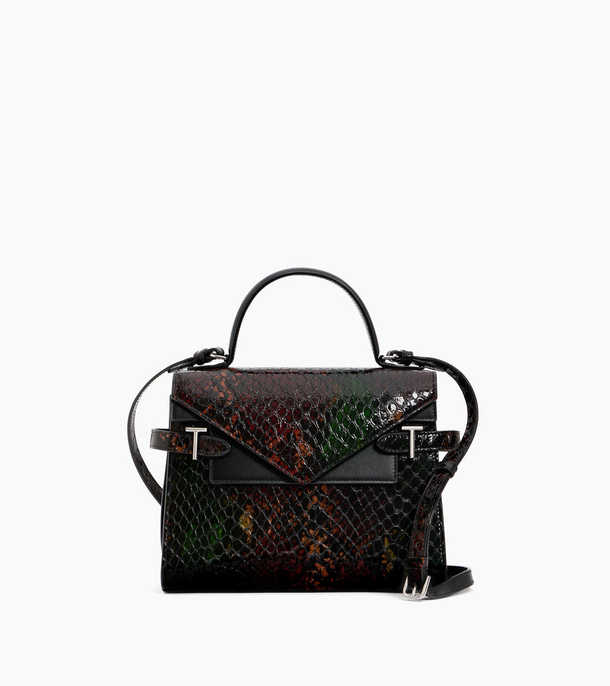 Mittelgroße Handtasche mit Doppelklappe Emilie aus Leder in Python-Optik.