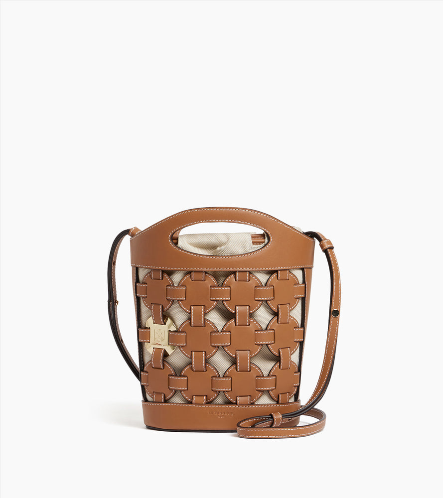 Pequeño bolso cubo Le Potier en tela de algodón y cuero liso.