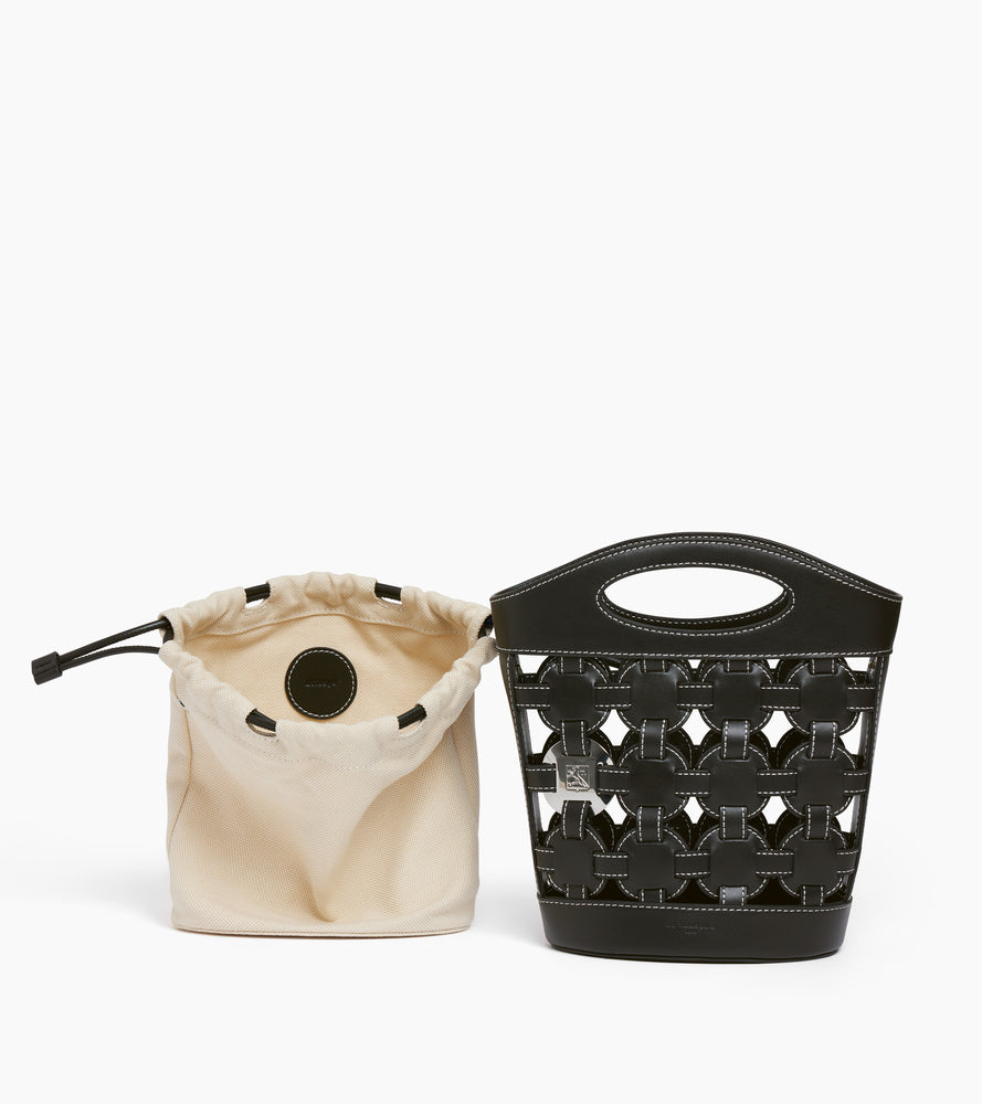 Bolso pequeño tipo cubo Le Potier en lona de algodón y cuero liso